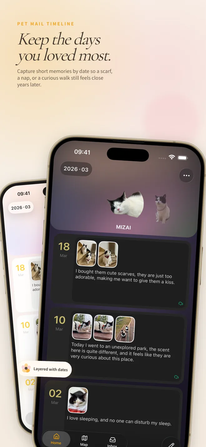 Tonari App Store image showing a pet memory timeline